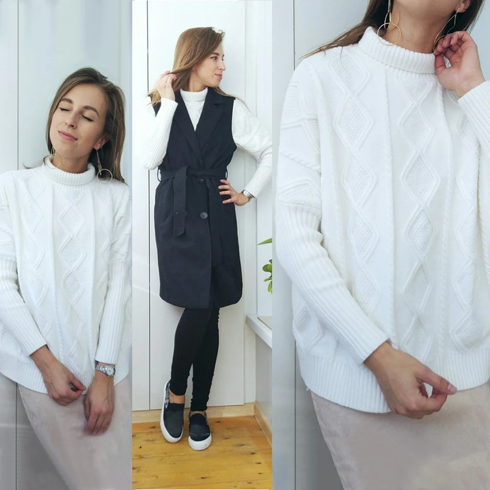 Женский вязаный свитер с высоким воротником пуловер белые топы женские Зимние