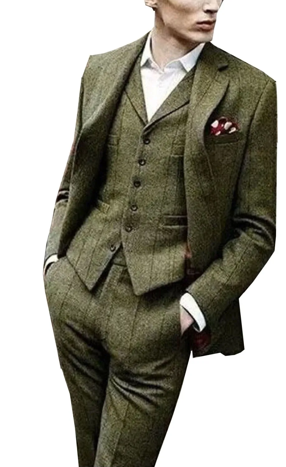 Tweed erkek takım elbise Slim Fit 3 parça Windowpane onay örgün smokin şal yaka takım elbise (Blazer + yelek + pantolon)