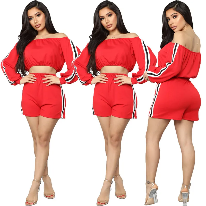 С открытыми плечами из двух частей Костюмы комплект Для женщин Сторона Полосатый