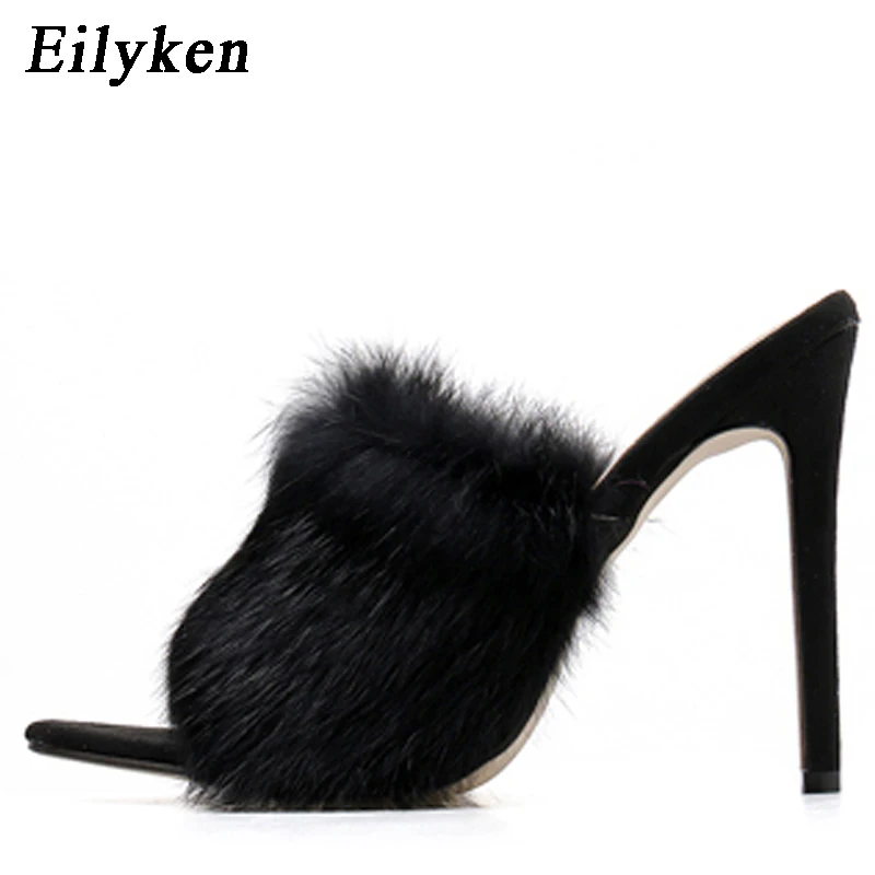 Eilyken; женские тапочки мюли; летние туфли на высоком каблуке; пикантные женские шлепанцы на меху с открытым носком; обувь для вечеринок; женские босоножки - Цвет: Black