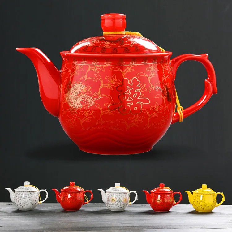 

Red wedding tea Longfeng Double Happiness long mouth with filter auspicious wedding celebration tea pot gift