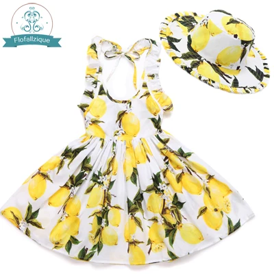 lemon dress with hat Платье для маленьких девочек с шляпа бренд Летняя Одежда для маленьких девочек детское пляжное с рюшами и цветочным принтом нарядное платье принцессы От 1 до 8 лет - Цвет: lemon dress with hat