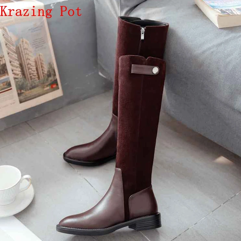 

Krazing Pot 2020 full grain leather zipper limited customization med heels patch work luxury riding rivets knee high boots L7f9