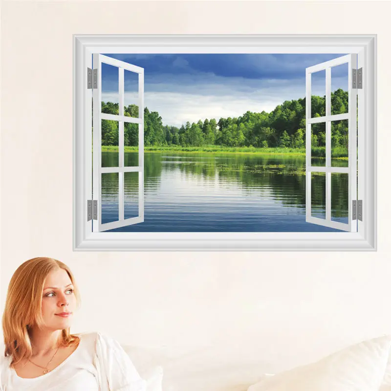 Топ ложный Лес Дерево озеро 3D стикер на стену вид окно пейзаж гостиная спальня
