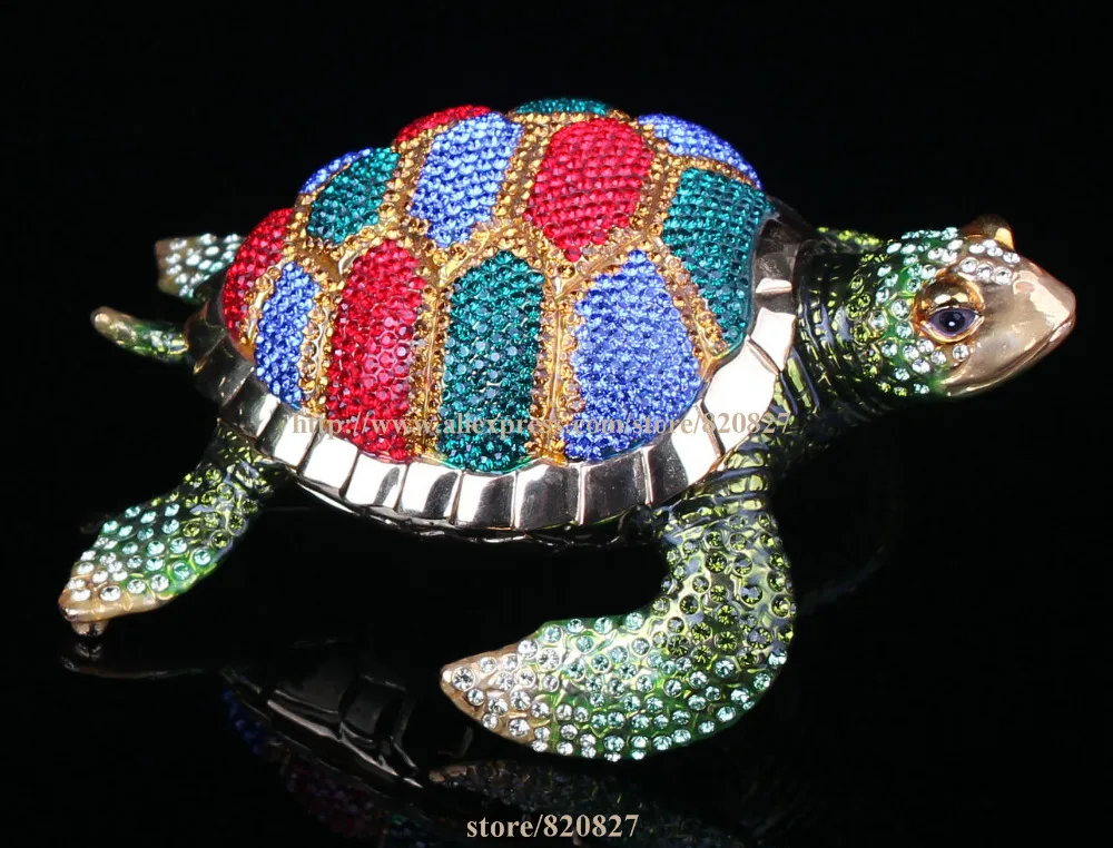 Colorful Crystal Tortoise Ring Jewelry Trinket Box Turtle Faberge Styled Trinket Box  Crystal Turtle Candy Box