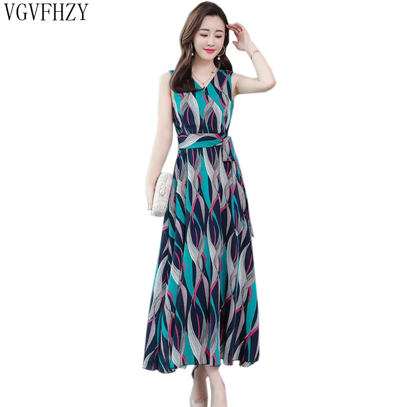 

Summer Dress Female New Bohemian Beach Chiffon Dress V-neck sleeveless Print Long Dresses Plus Size Women Clothing vestidos