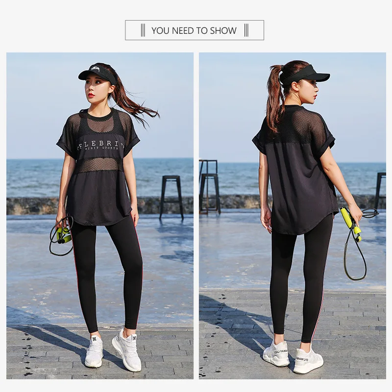 L-XXXXL размера плюс, Женский комплект для йоги, одежда для спортзала, фитнеса, рубашка+ штаны для бега, облегающие для тренировок, для йоги, сетчатые комбинезоны+ леггинсы, спортивная одежда