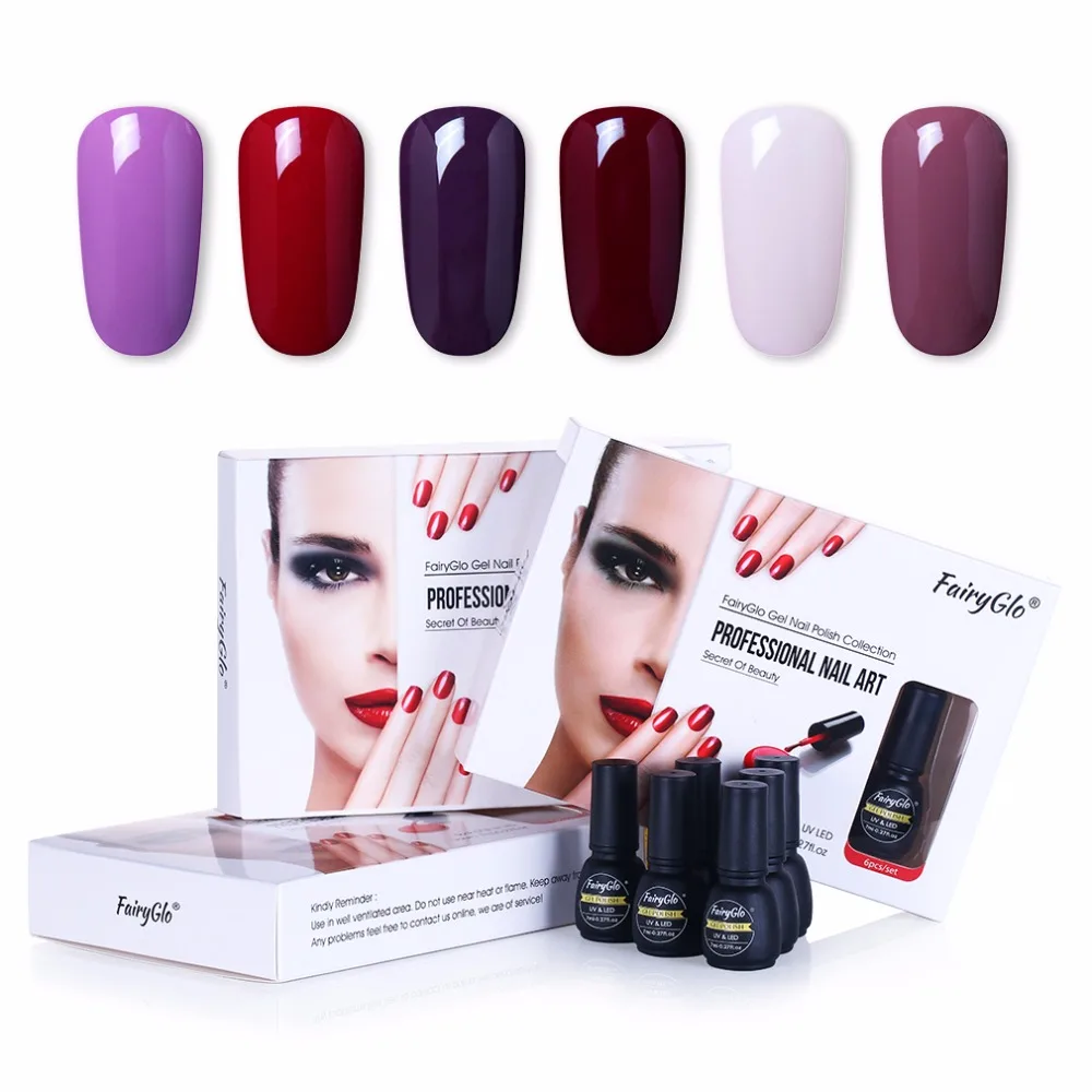 FairyGlo 6 шт./кор. набор гелевых ногтей УФ Однотонная Одежда Комплект гель-лаков для ногтей гибрид гель Лаки Краски покрытие для ногтей, полустойкое к Lucky лак для горячего тиснения клей