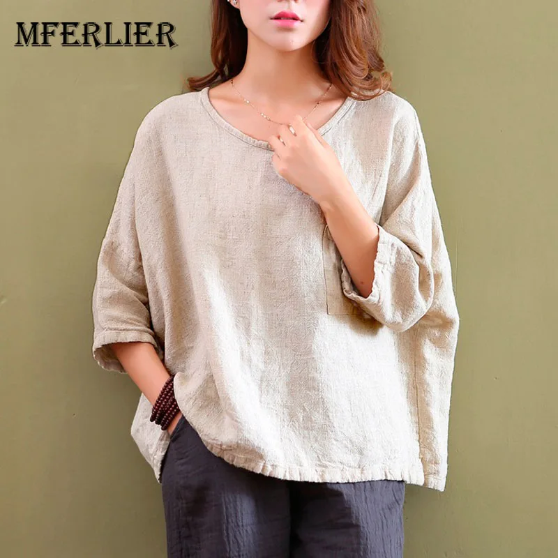 Женские топы и блузки с рукавом летучая мышь льняная блузка круглым вырезом