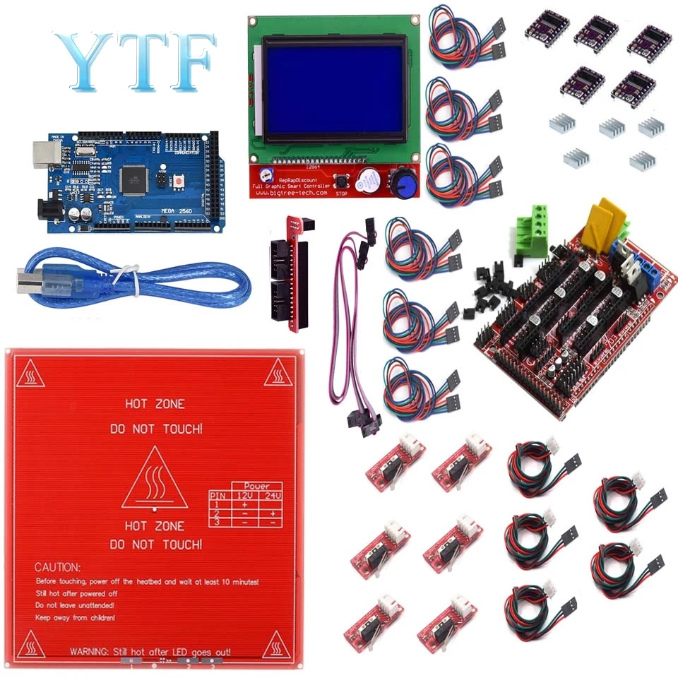 Best Kit de rampas de impressora 3d + mega 1.4 + dissipadores de calor mk2b + 2560 controlador lcd + drv8825 + amortecedor mecânico + cabos