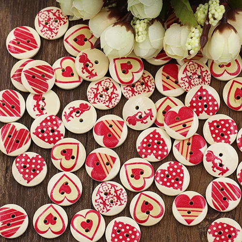 

New and hot 50x Wooden Mixed Red Heart Pattern Buttons 2-Hole Sewing Scrapbooking DIY Decor