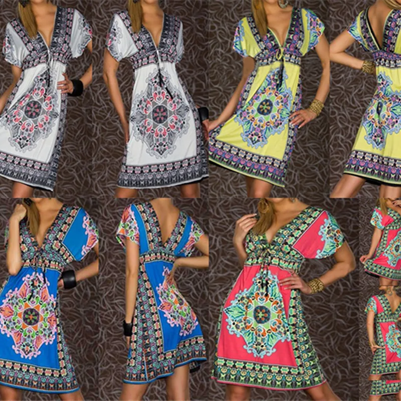 2016 Горячие Продажа Женщины Сексуальное Лето Цветочный Пляж Boho Макси Сарафан