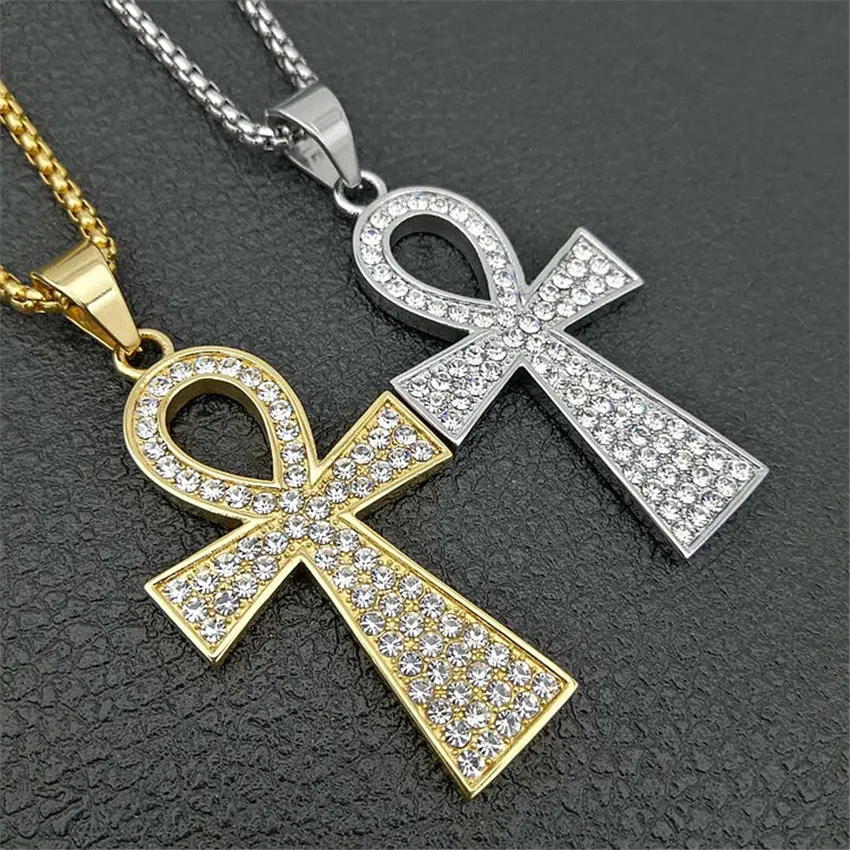 

Egypt Cross Ankh Pendant With Stainless Steel Chain and Iced Out Bling Rhinestones Necklace Hip Hop Egyptian Jewelry
