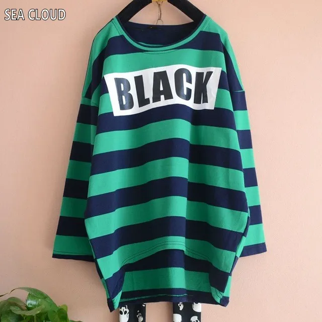 

82 Plus size loose stripe long-sleeve T-shirt women's 2017 spring short design basic shirt top thickening t-shirt