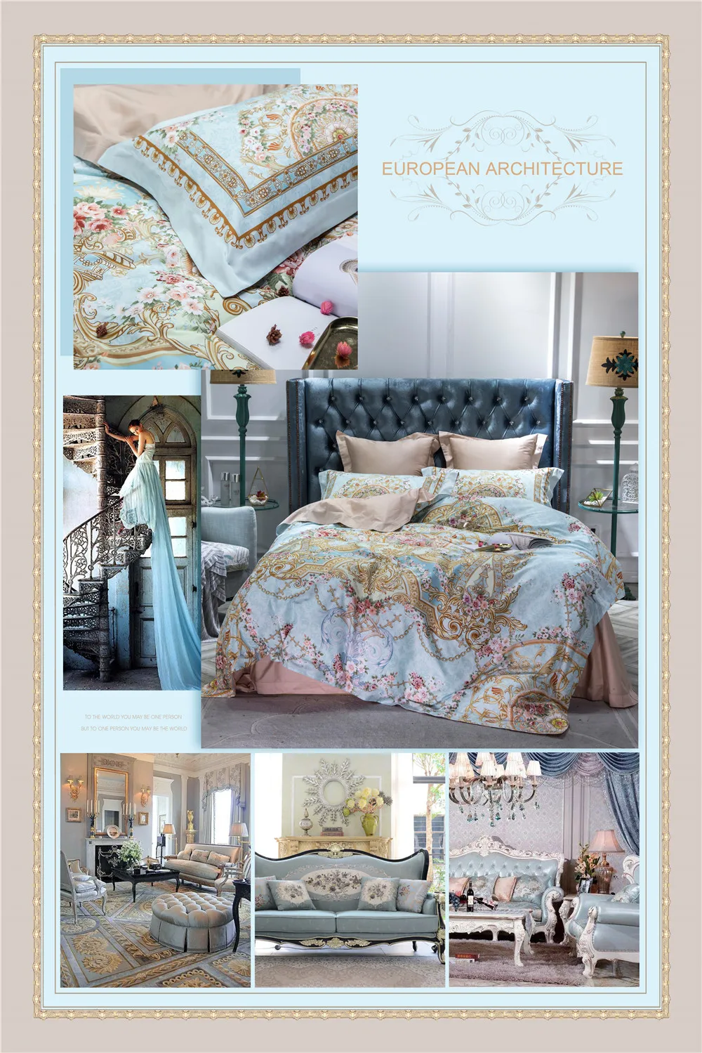 European palace style bedding set 4 piece 60S egyptian cotton bed sheets pastel blue and gold pattern duvet quilt covers linen | Дом и сад