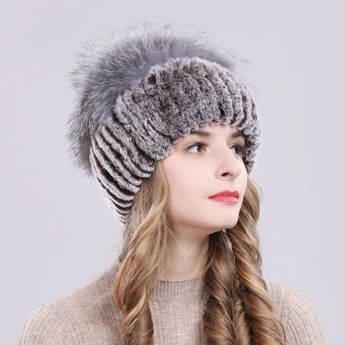 color 9 Outdoor Women Warm Soft Genuine Rex Rabbit Fur Hat Knitted Natural Real Sliver Fox Fur Caps Winter Real Rabbit Fur Beanies Hats - Цвет: color 9