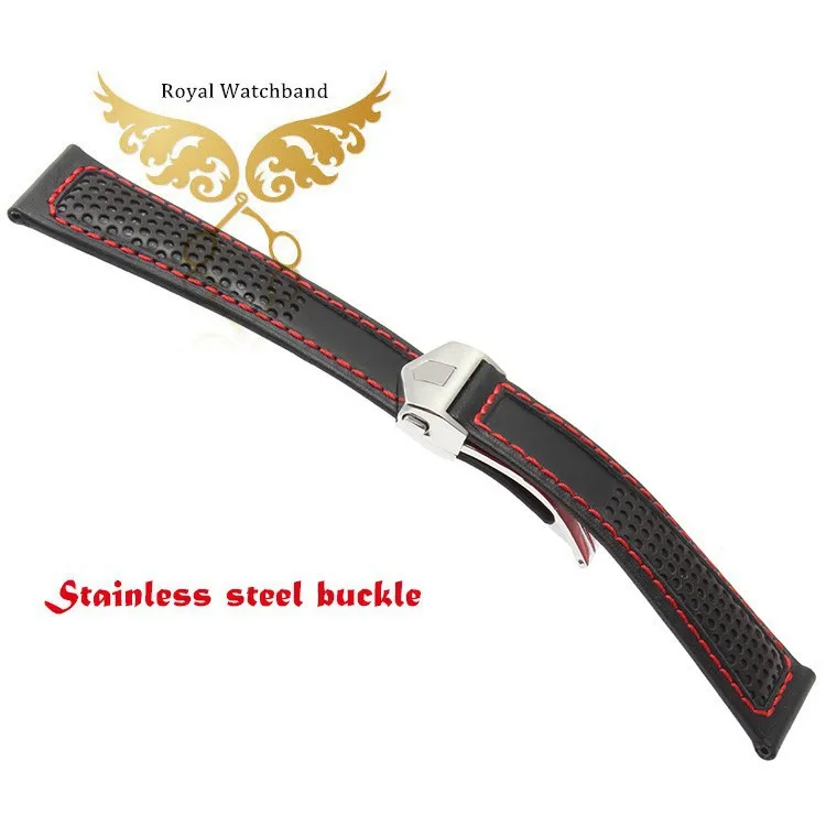 22 мм, новинка, высокое качество, нержавеющая сталь, Бабочка, пряжка, красный, Прошитый, черный, натуральная кожа, ремешок для часов, ремешок для бренда