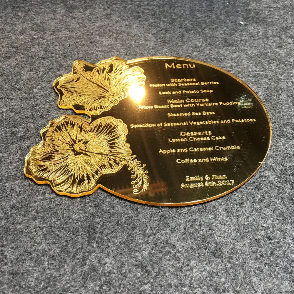 

200pieces per Lot Beautiful Flower Design Round Shape Engraved Golden Mirror Acrylic Wedding Menu Cards SHIP TO BELGIUM ONLY