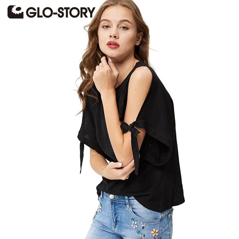 

GLO-STORY 2018 New Arrival Spring Summer Women T shirts Black Fashion O-neck Casual Top Tees Female WPO-4192