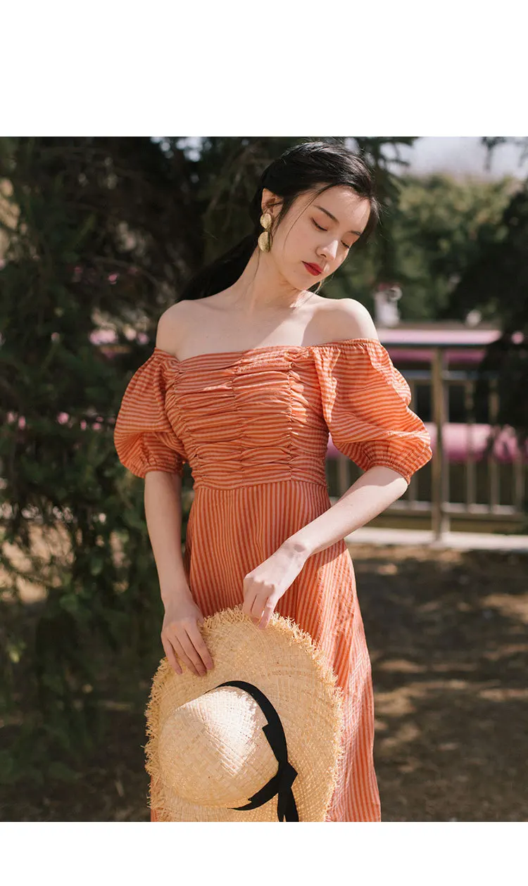 

French Vintage Off Shoulder Summer Long Dress Stripe Back Open Slim Women Dresses Vestidos De Festa