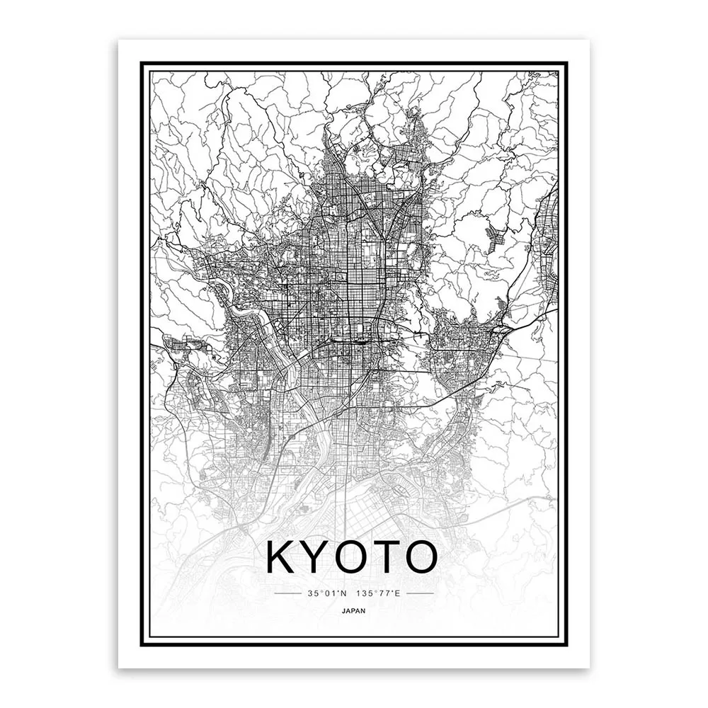 Черно-белая карта городов мира Лас-Вегаса, Toronto, постеры, принты, скандинавские, для гостиной, домашнего декора, настенные художественные картины, картины на холсте - Цвет: KYOTO