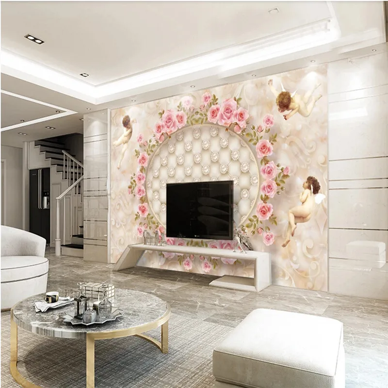 Мраморная настенная бумага 3D романтичные милые маленькие ангелы роза цветок