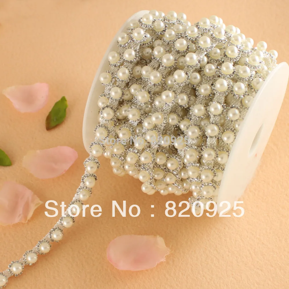 1 ярд Блестящий горный хрусталь серебро слоновой кости жемчуг пошив костюма