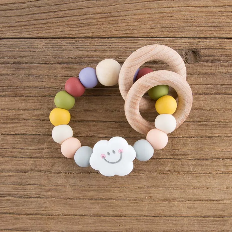 New color Rattle 1 шт. соска, зажимы для цепи 15 мм Силиконовые Бусины Пищевой Силикон Радуга погремушка игрушки деревянное кольцо держатель для соски продукты - Цвет: New color Rattle