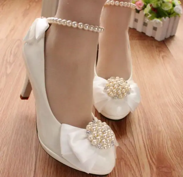 

Fashion white ribbon bowtie wedding shoes women ankle beading straps bridal shoes plus sizes handmade crystal brides shoe