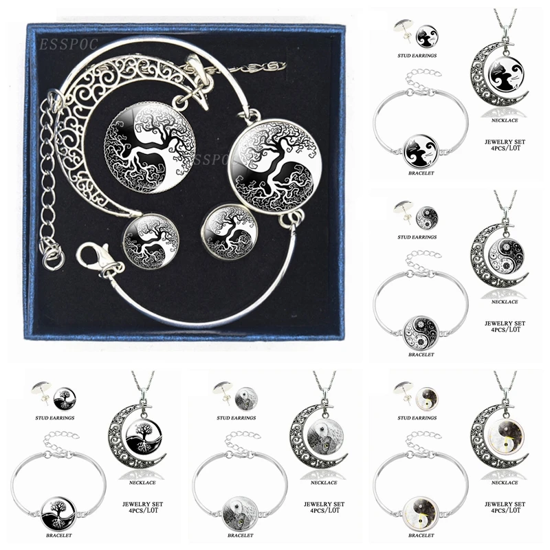 

Yin Yang Jewelry Set Glass Cabochon Crescent Moon Necklace Earrings Bracelet Jewelry Set Fashion Yin Yang Tai Chi Cats Owls Tree