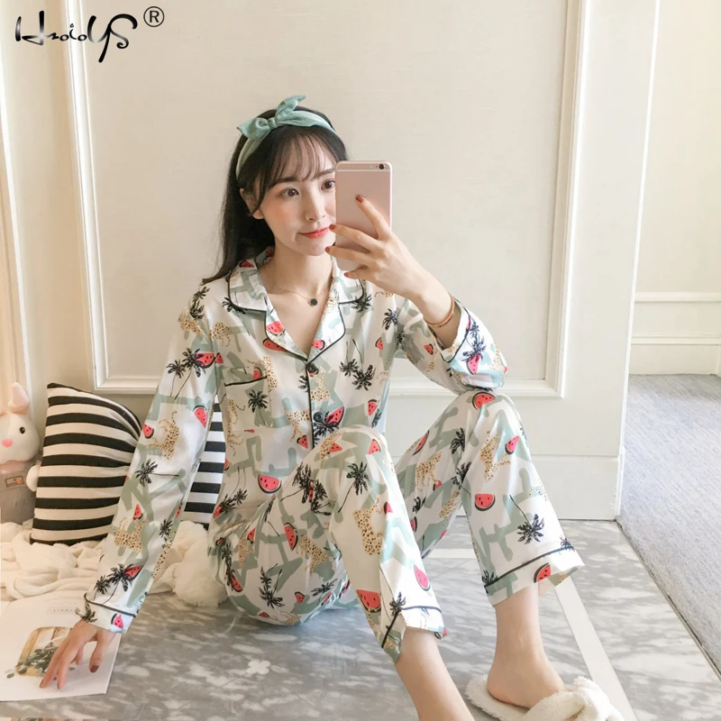 Lg Watermelon Весенняя Удобная Пижама с шелковым принтом, милые пижамы для женщин, комплект для сна, ночная рубашка для девочек, длинные штаны, милые шелковые пижамные комплекты - Цвет: Lg Watermelon