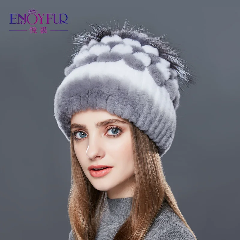 Enjoyfur естественно кролика рекс меховая шапка женские теплые зимние шапки с Silver Fox