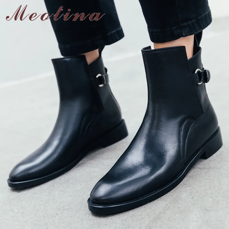 

Meotina Autumn Ankle Boots Women Boots Natural Genuine Leather Flat Short Boots Cow Leather Buckle Shoes Lady Spring Size 34-39