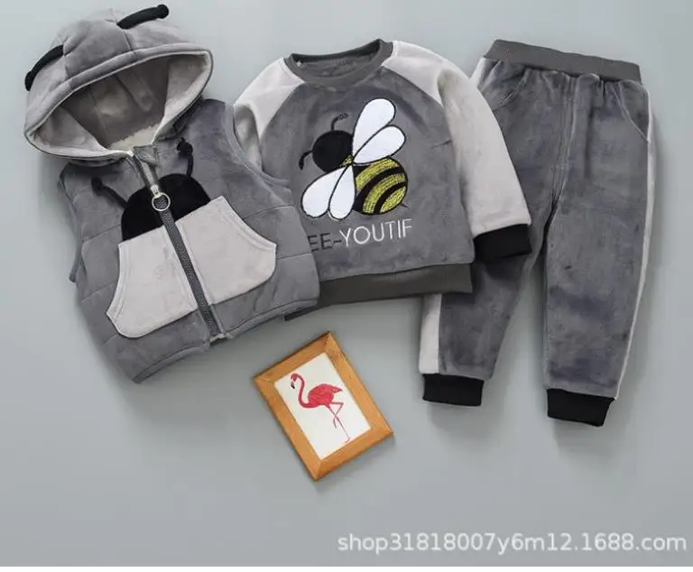 Baby Boys Girls Warm Set Winter Cartoon cat Kids Thickening Hooded Vest+Sweater+Pant Three-piece Sport Suits Children Clothing
