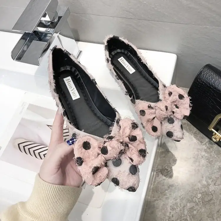 Cute Dot Black White Pink Suede Women Flats Pointed Toe Soft Massage Rubber Heels Shoes Chic Bowtie Slip On Zapatos Mujer | Обувь