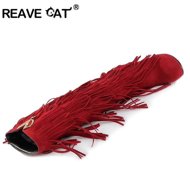 Женские сапоги с мехом REAVE CAT новые зимние до колена из флока на высоком каблуке