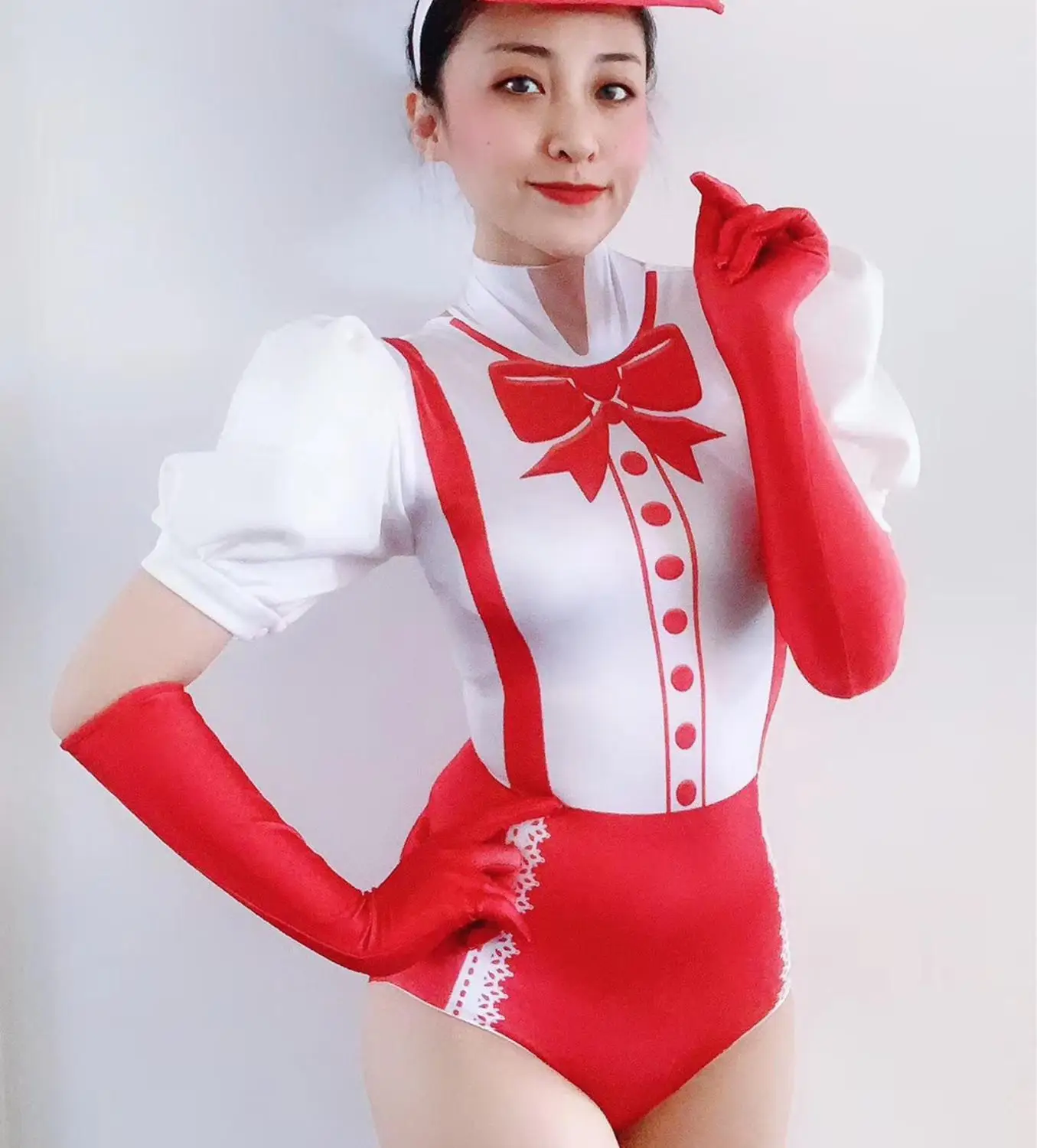 

Fashion Red White Teacher Costume Bodysuit Gloves Outfit Female Dancer Leotard Outfit Nightclub Party Sexy Clothing