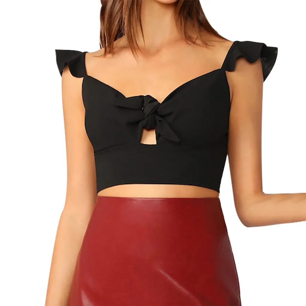 Модный женский однотонный бандажный кроп топ с оборками на лямках узлом спереди