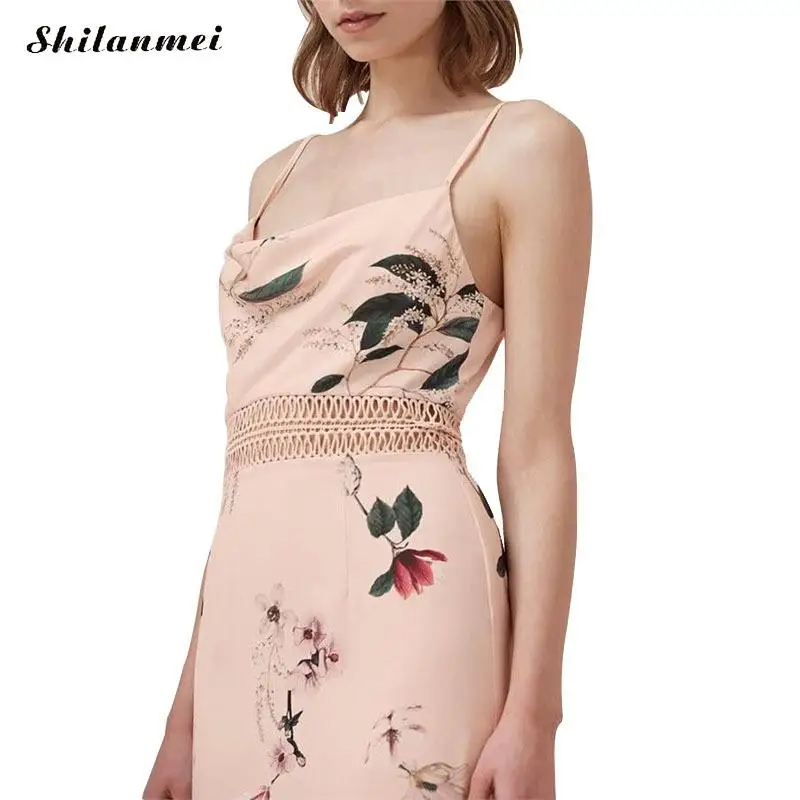 

Sexy Summer Floral Hollow Dress Women 2019 New Bodycon Spaghetti Strap Club Party Dress Mid-Long Celebrity Casual Daily Dress
