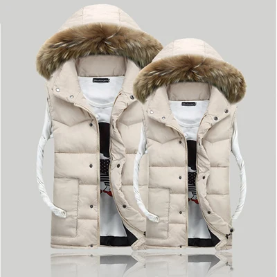 White UNIVOS KUNI, мужской теплый жилет, chalecos para hombre, зимнее пальто, куртка для пары, унисекс, женский меховой воротник, большой размер 4XL Q6017 - Цвет: White