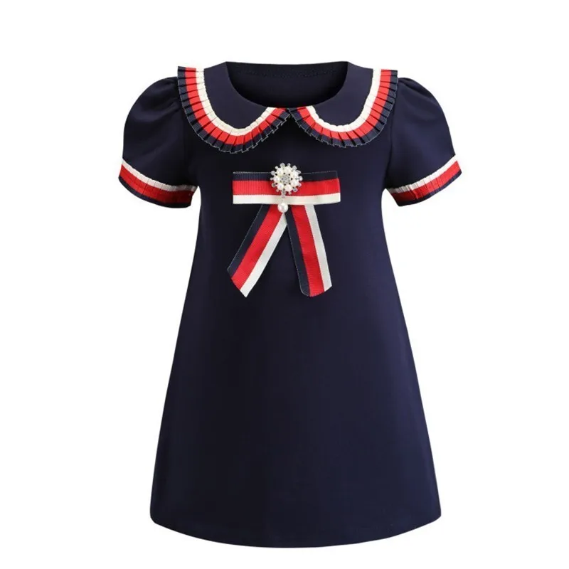 Платье для девочек хлопковое с круглым вырезом и коротким рукавом бантом