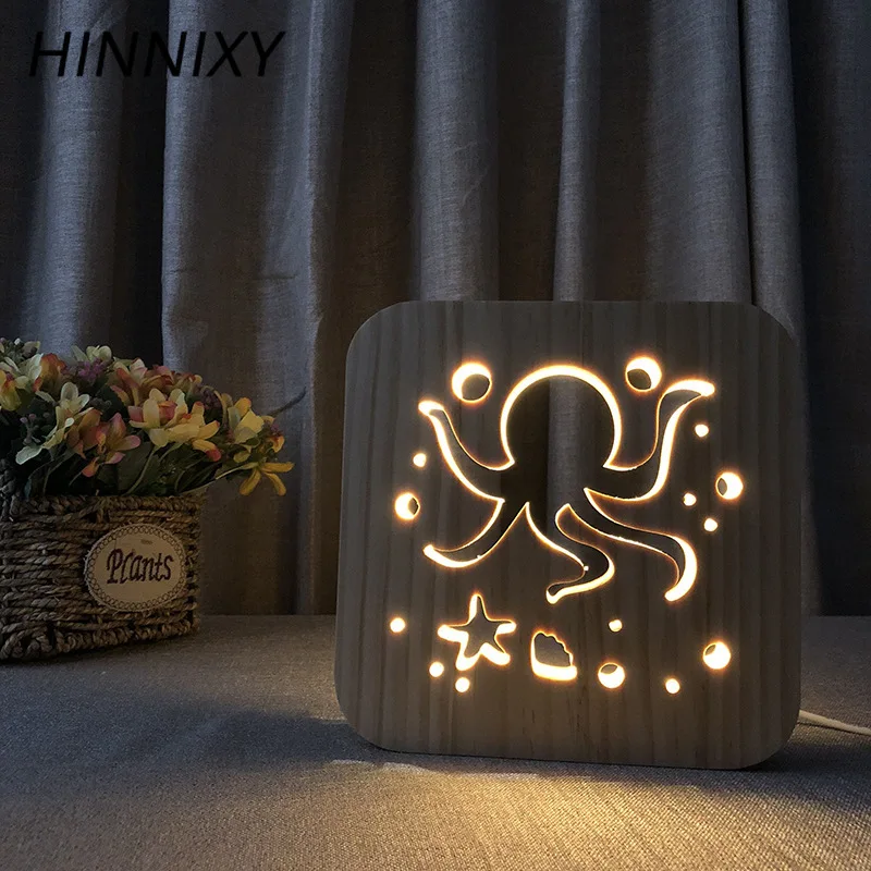 Hinnixy животные ночные светильники Кот 3D Кит деревянный полый ремесло прикроватная