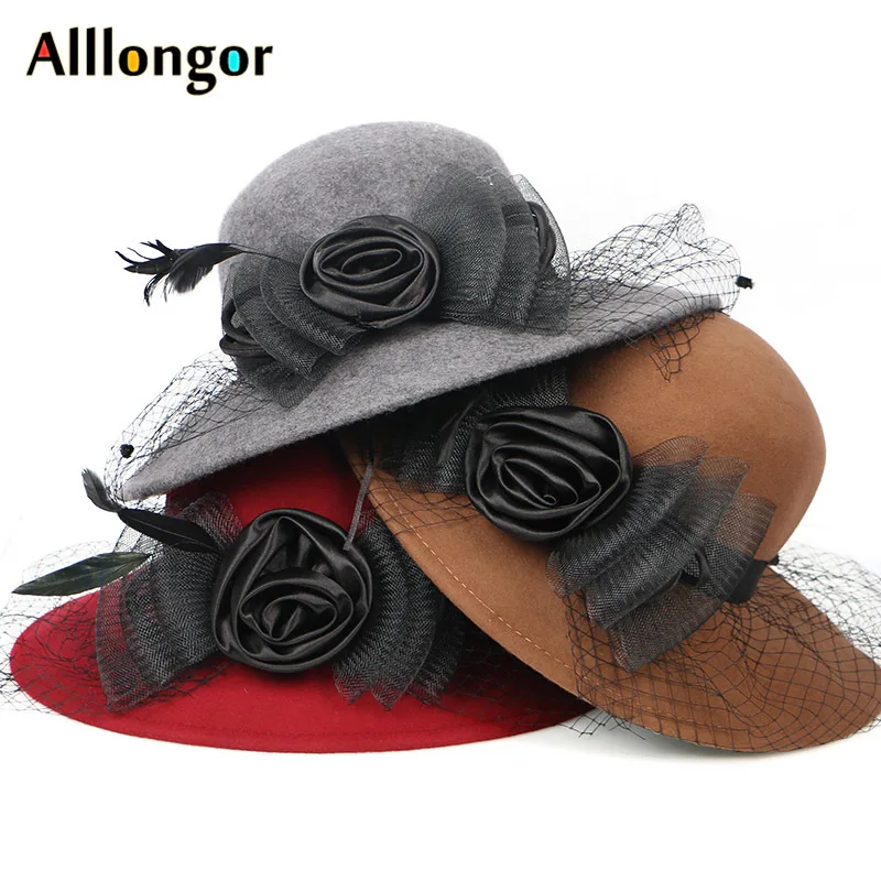 Женская шерстяная шляпа с широкими полями винтажная красная шляпка цветочным