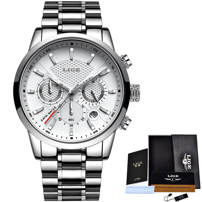 steel silver white LIGE новые часы мужские модные спортивные кварцевые часы мужские s часы брендовые роскошные кожаные бизнес водонепроницаемые часы Relogio Masculino - Цвет: steel silver white