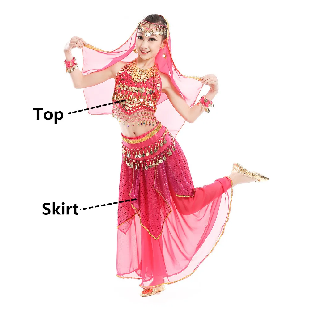 Rose Red 2pcs Костюмы для танца живота для детей, девочек, детская юбка для танца живота, Болливуд, танцевальное платье, для выступлений, соревнований, индийский комплект одежды - Цвет: Rose Red 2pcs