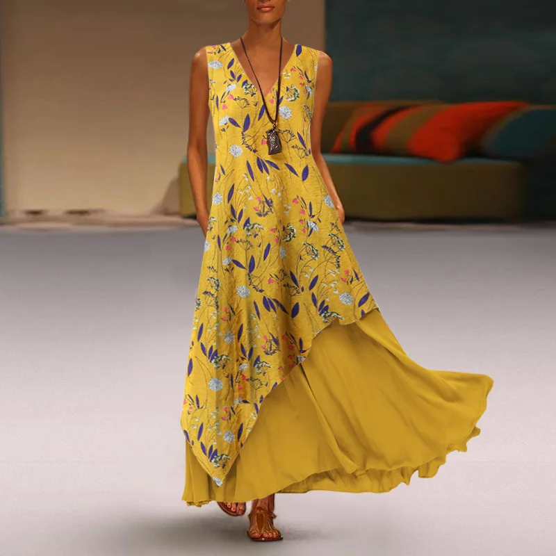 03 Yellow ELSVIOS Boho Для женщин с v-образным вырезом Цветочный принт вечерние платье летнее платье для причастия с оборками в стиле пэчворк без рукавов, длинное платье, пикантный комплект из двух предметов, комплект одежды из футболки в - Цвет: 03 Yellow