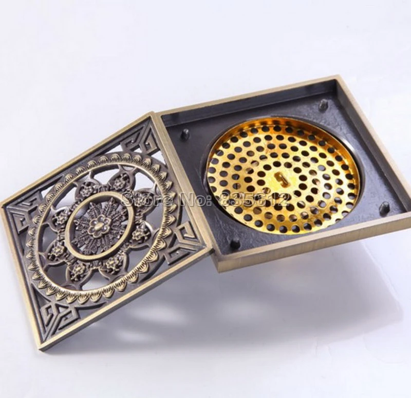 

Antique Brass Square Art Carved Floor Drain Shower Waste Drainer Whr024