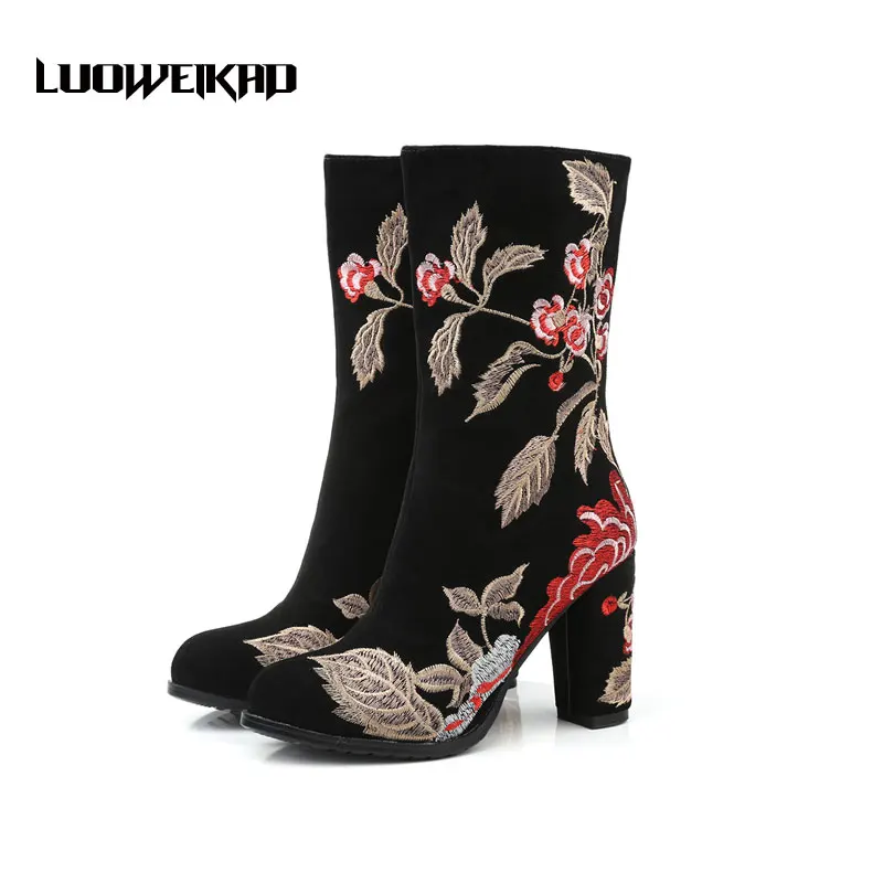 Вышитые Женская Осенняя обувь модные боковой молнией bota Топ Moda загрузки Для