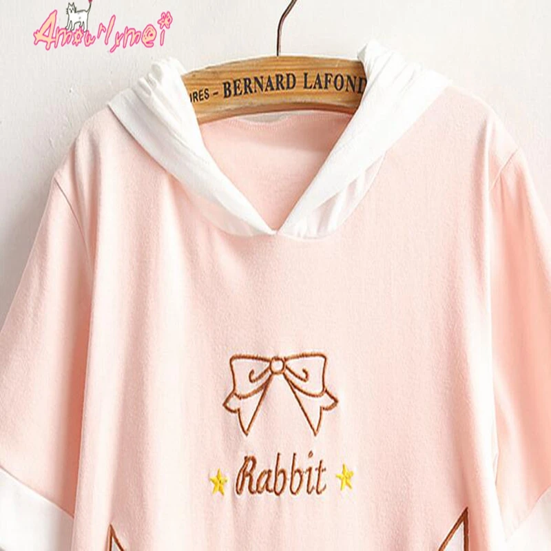 Летние женские футболки Лолита Kawaii мультфильм лук вышивка хлопок короткий рукав тройники милый японский стиль Mori Girl футболка Топы