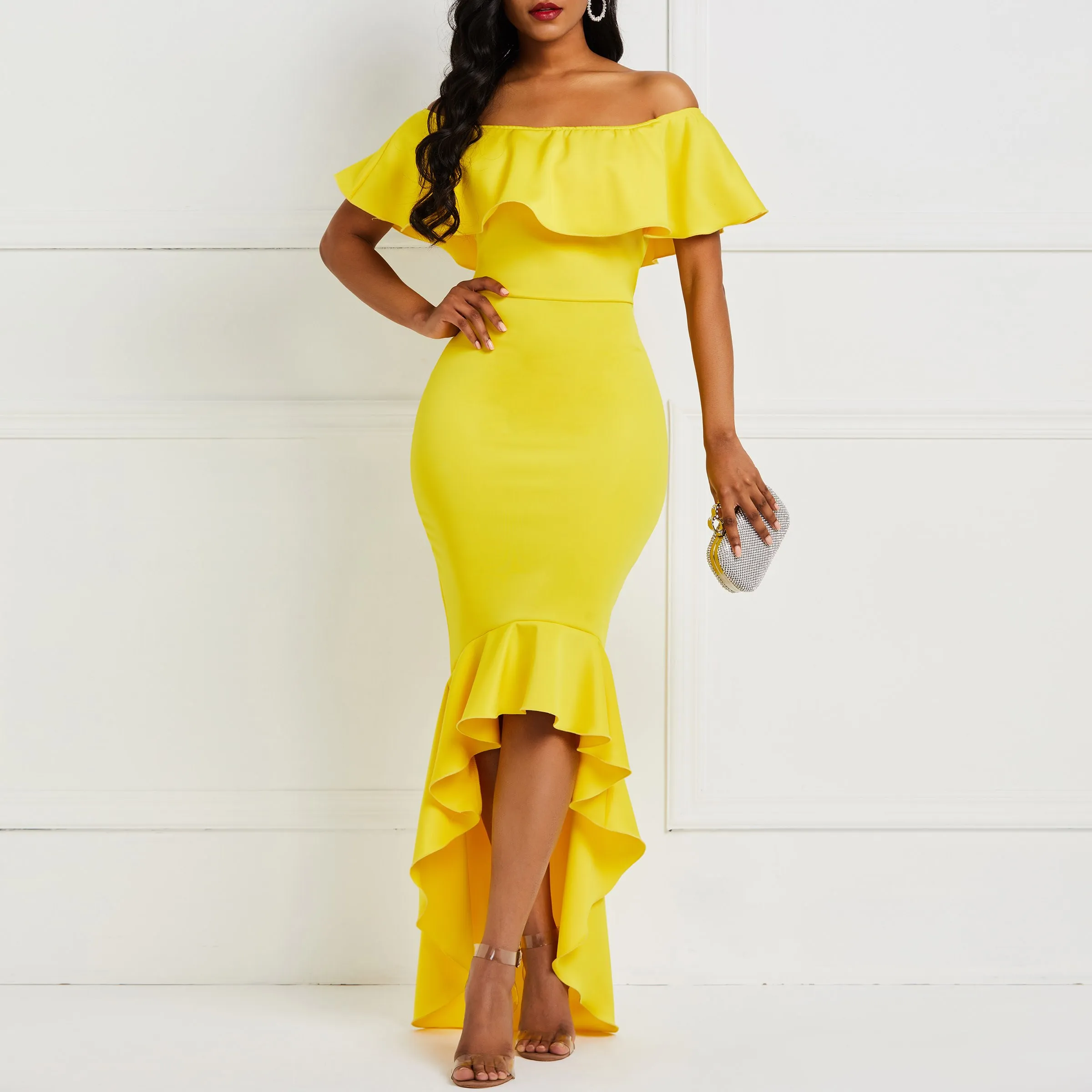 Сексуальное элегантное вечернее платье Макси женское пляжное желтое с оборками